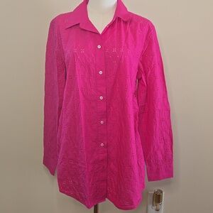 GAP Hot Pink Eyelet Button-Up Shirt Classic Feminine Coastal Preppy Nautical NWT